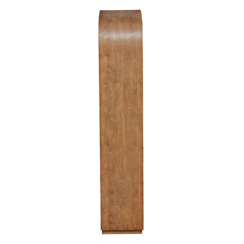 Side view of the Achley Etagere by Uttermost, a tall wooden cabinet with curved top and elegant mango veneer.