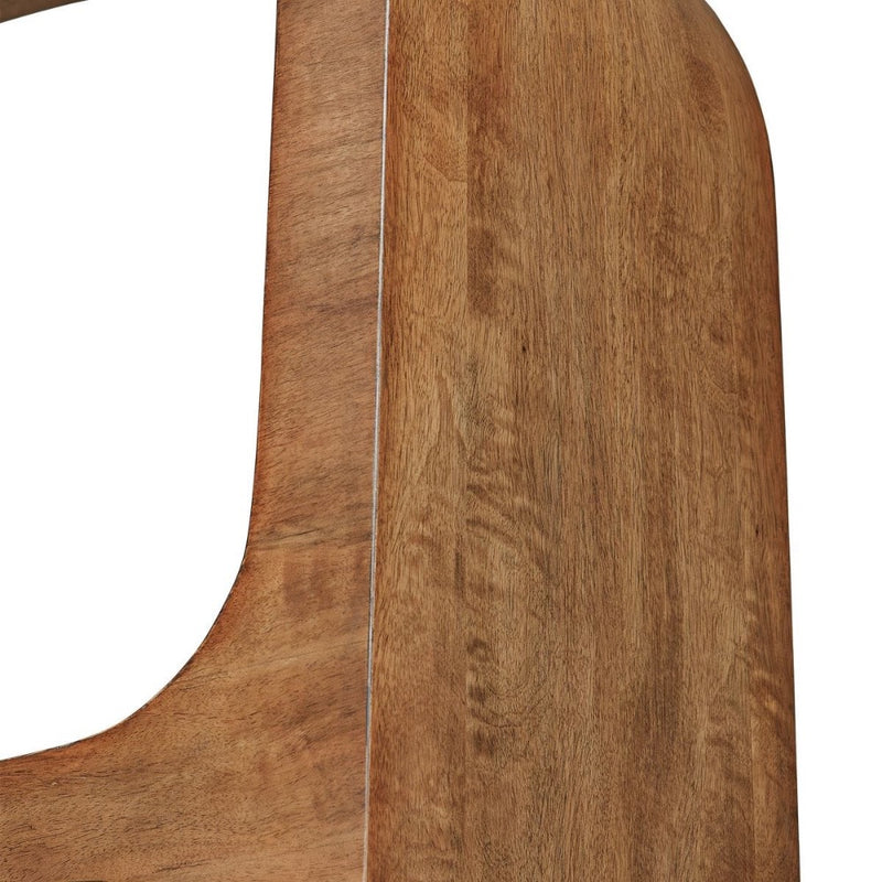 Close-up of the Achley Etagere by Uttermost featuring a smooth, curved back with natural brown mango veneer.