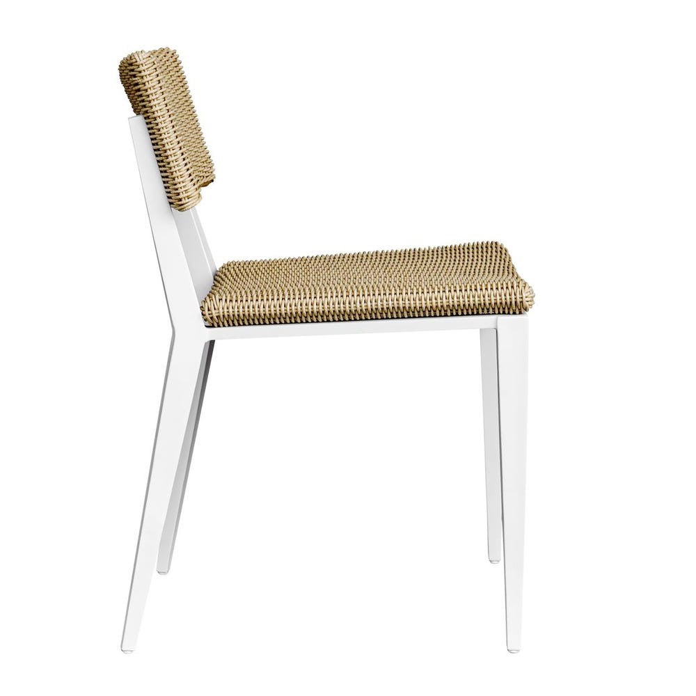 Chair with white frame and woven backrest and seat on a white background