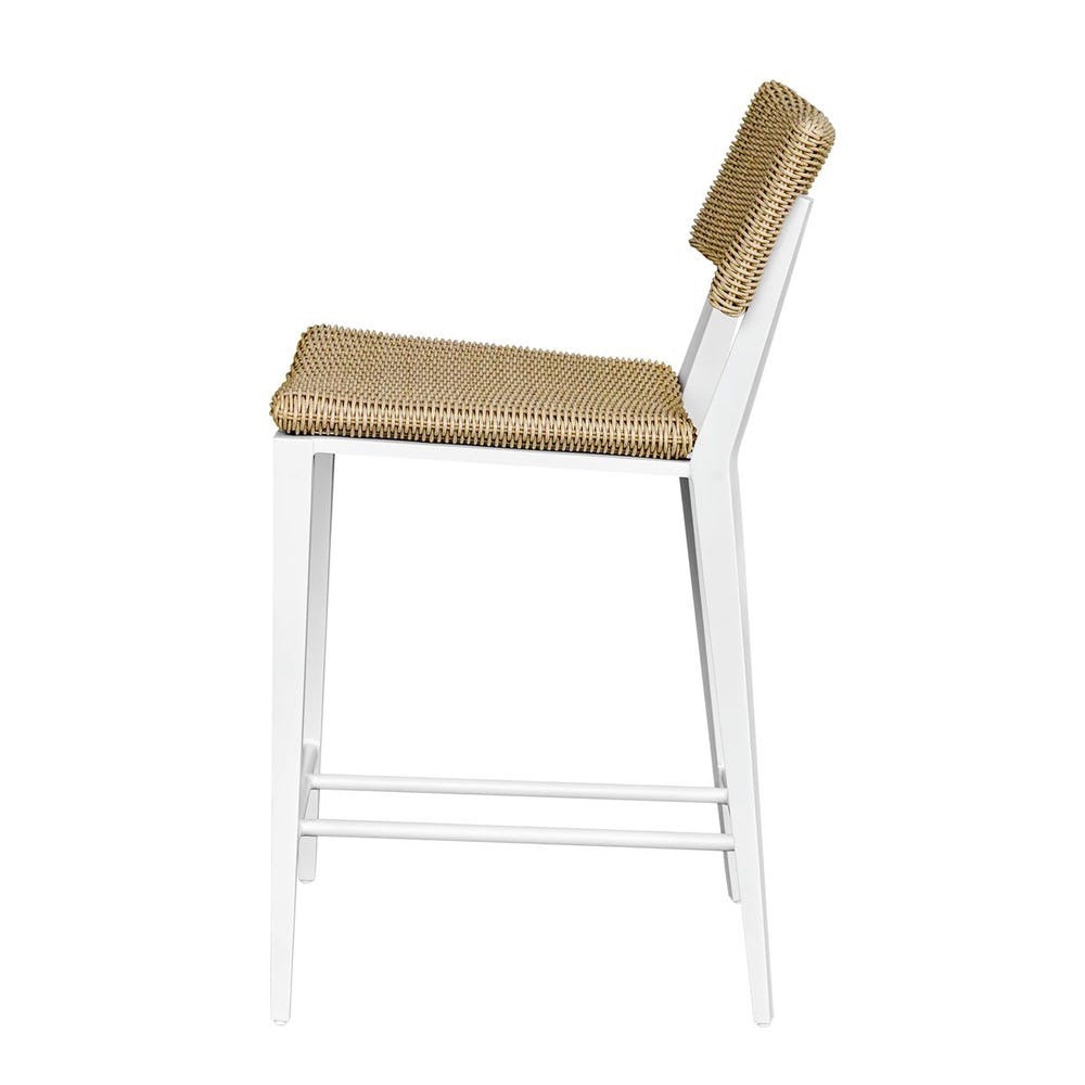 Counter stool with woven seat and backrest on a white background