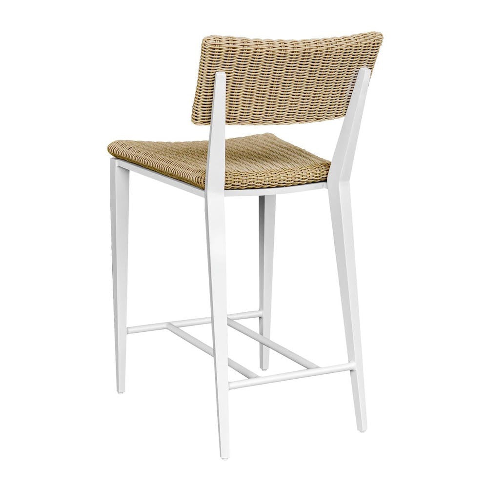 Counter stool with wicker backrest and seat on a white background