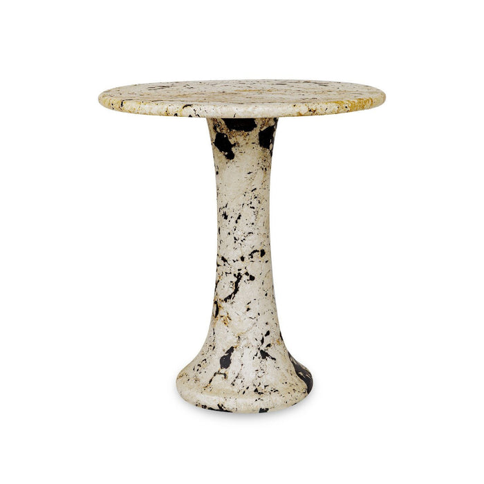 Small round marble pattern table with a white and black speckled pattern on a white background