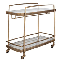 Gold bar cart with two shelves on a white background