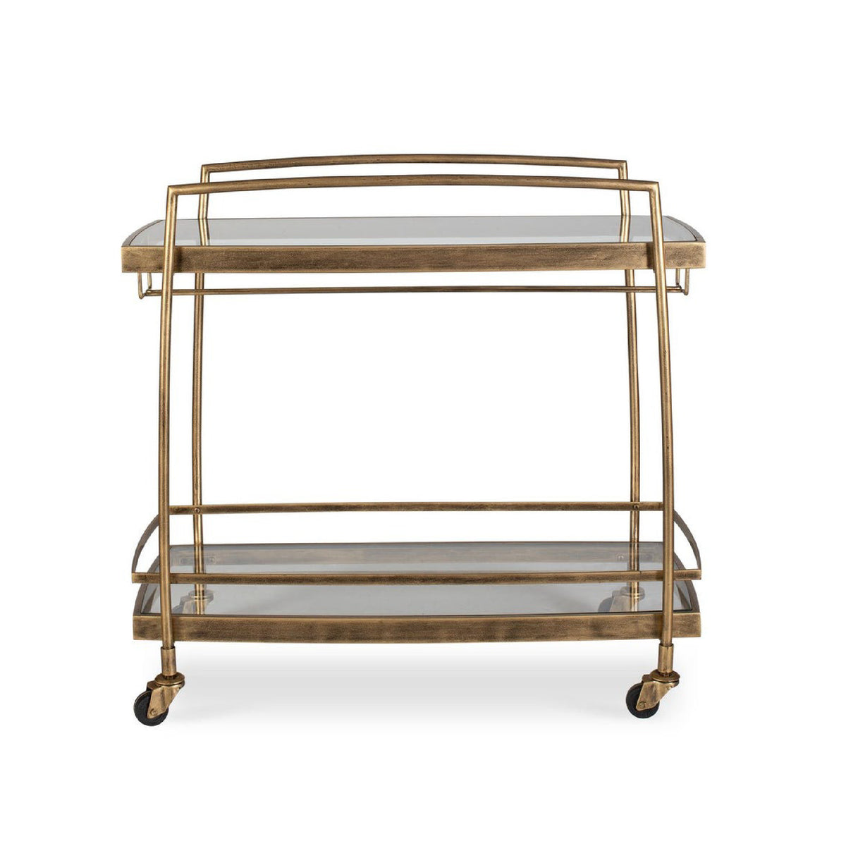 Gold bar cart with glass shelves on a white background