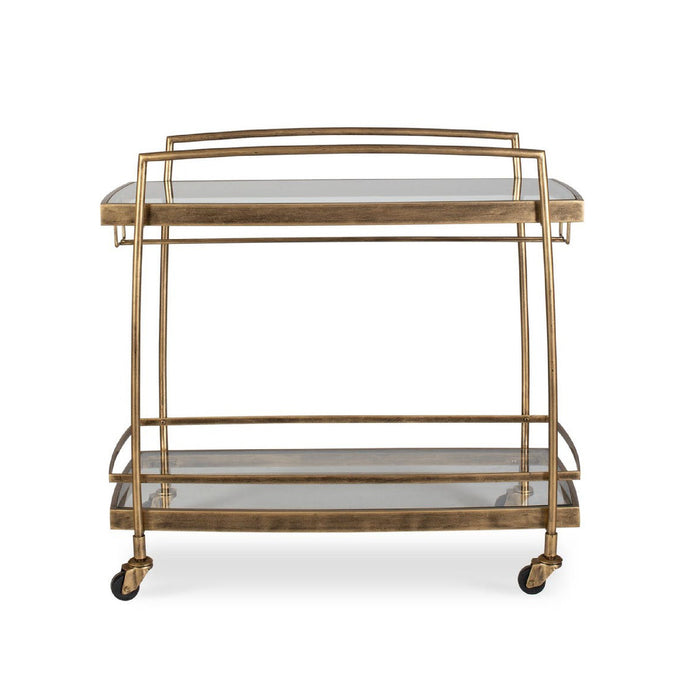 Gold bar cart with glass shelves on a white background