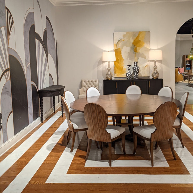 dining table round cherry veneer brass accents expandable