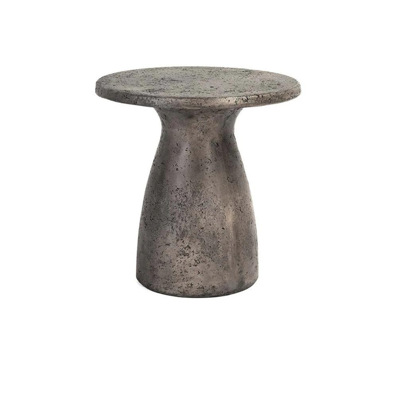 The Collins Concrete Accent Table by Classic Home features a rust finish and hourglass base, perfect for outdoor spaces.