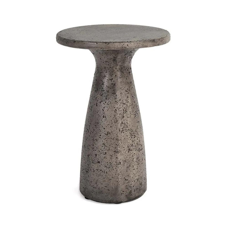 The Collins Concrete Accent Table by Classic Home features a round top and tapered base; ideal for outdoor use.