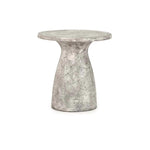 The Collins Concrete Accent Table by Classic Home features a rust finish and hourglass base—ideal for outdoor spaces.