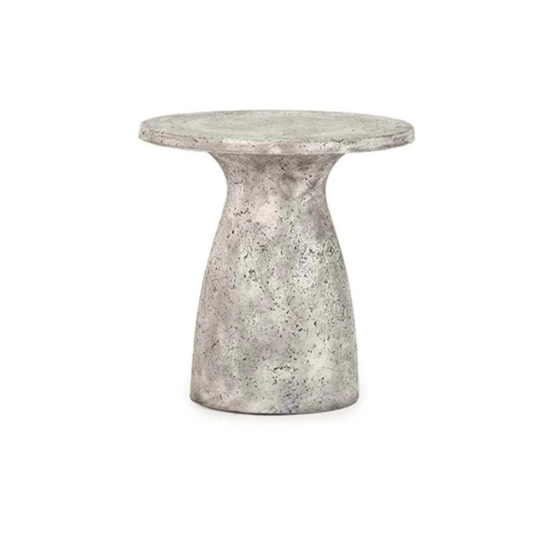 The Collins Concrete Accent Table by Classic Home features a rust finish and hourglass base—ideal for outdoor spaces.