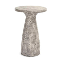The Collins Concrete Accent Table by Classic Home features a textured gray finish and tapered base, ideal for outdoors.