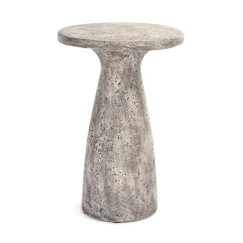 The Collins Concrete Accent Table by Classic Home features a textured gray finish and tapered base, ideal for outdoors.