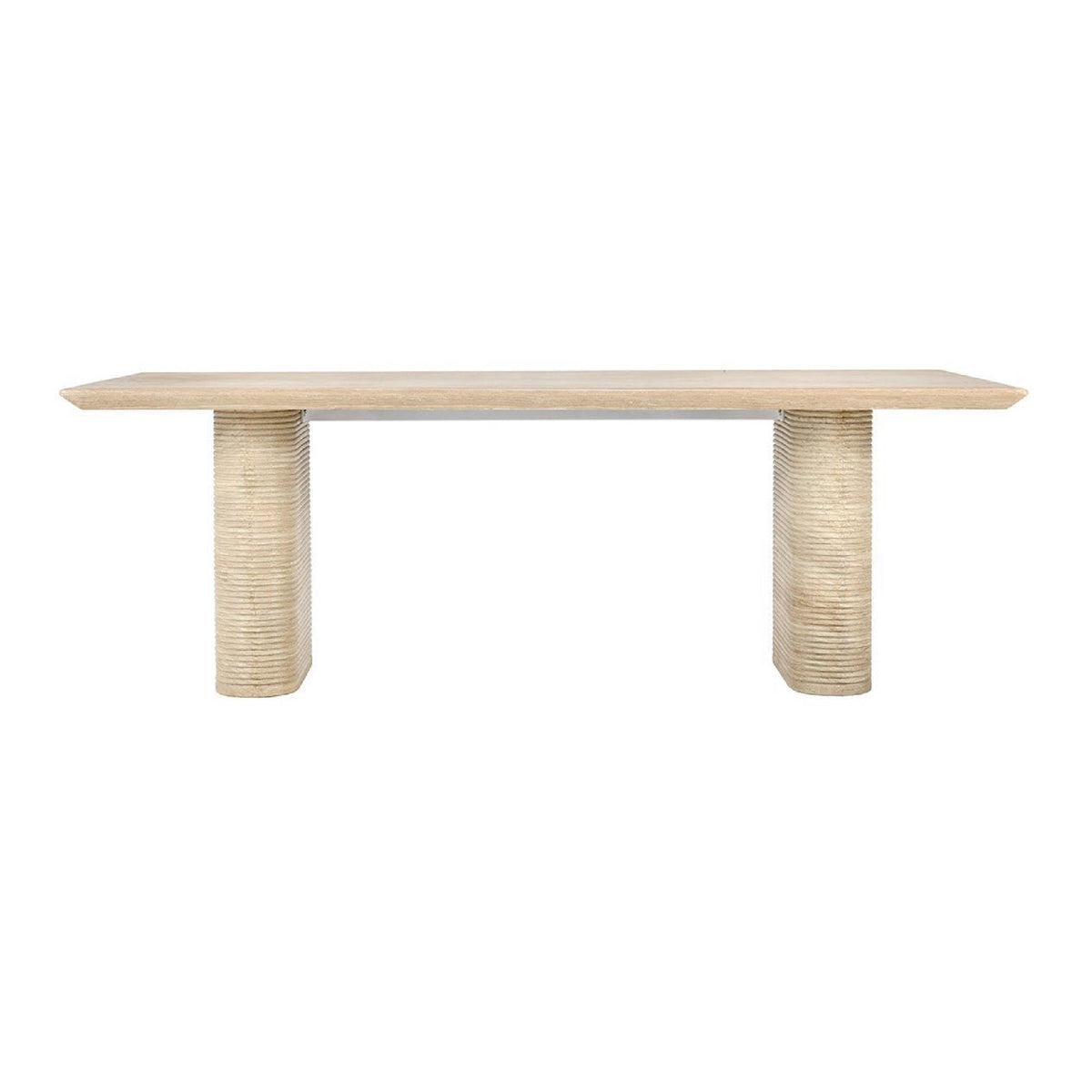 Wooden table with textured cylindrical legs on a white background