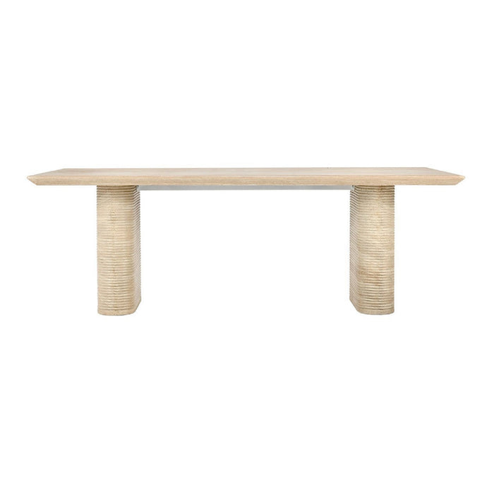 Wooden table with textured cylindrical legs on a white background