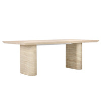 Wooden dining table with unique base design on a white background