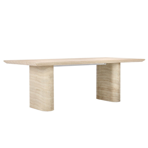 Wooden dining table with unique base design on a white background