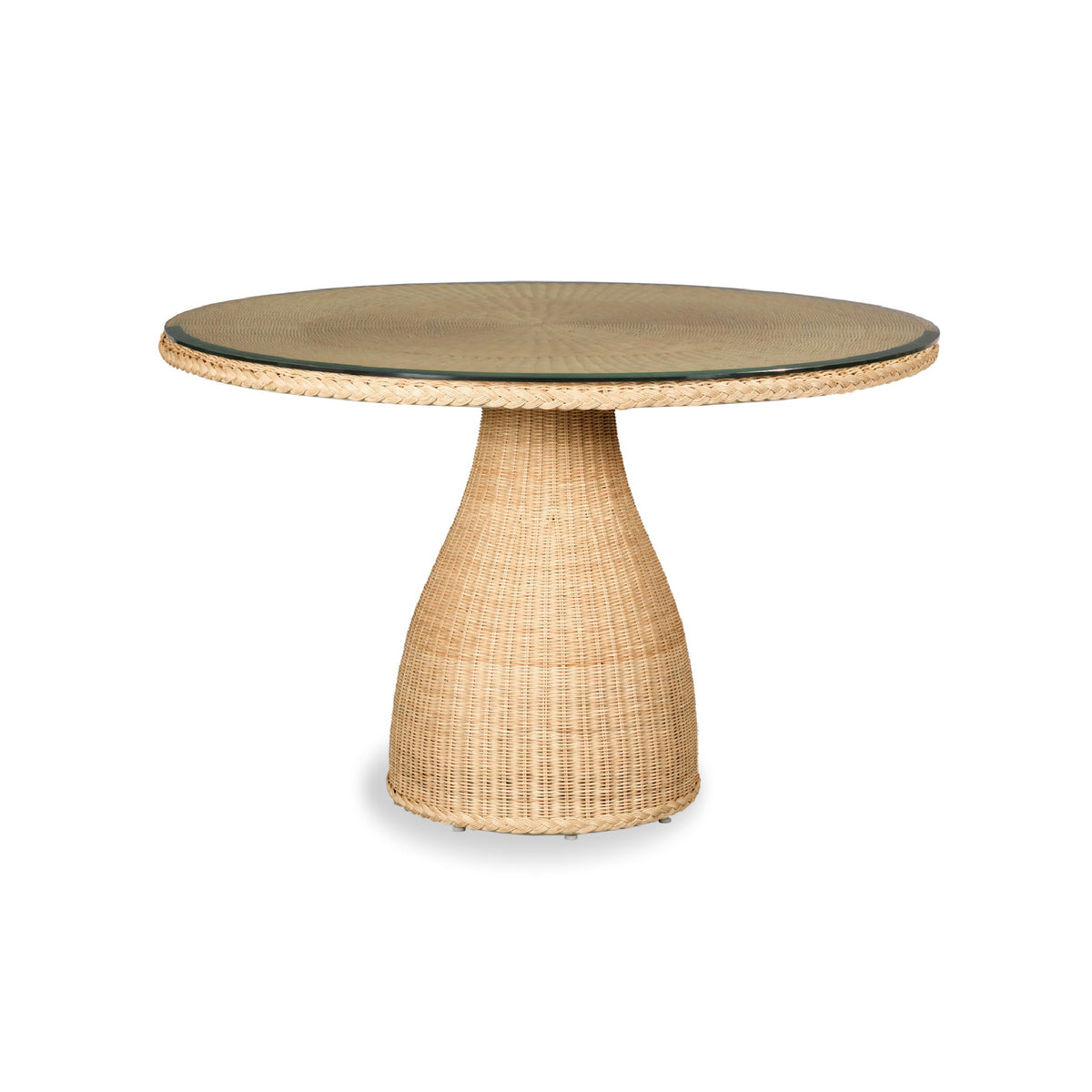 A round dining table with a natural woven rattan pedestal base and a clear glass top, shown on a white background.