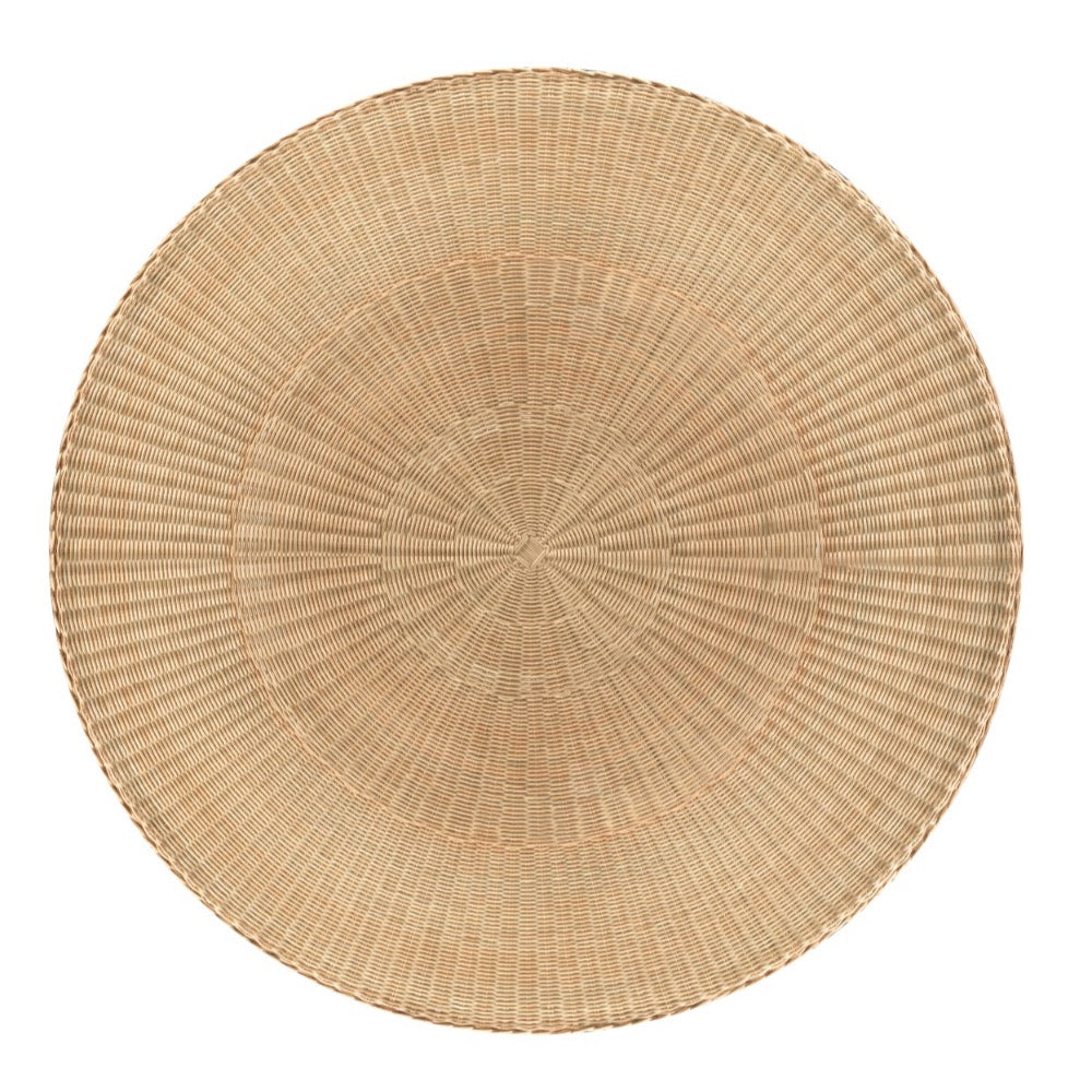 A round natural woven rattan dining table shown from a top-down view on a solid white background.