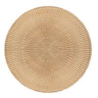 A round natural woven rattan dining table shown from a top-down view on a solid white background.