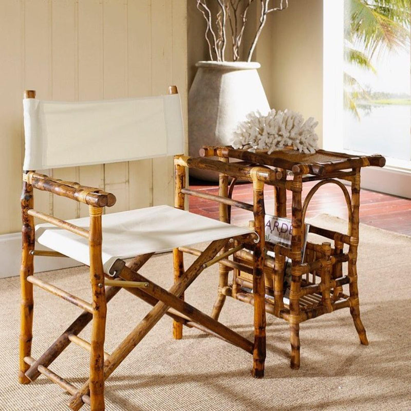 tortoise shell bamboo fold out chair and magazine holder table in a neutral room