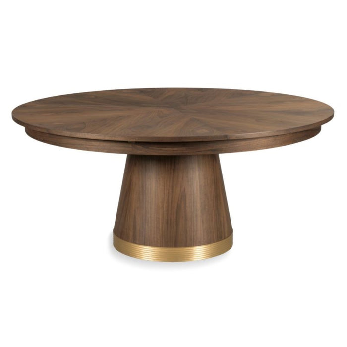 jupe dining table round brass hardware walnut veneer expandable