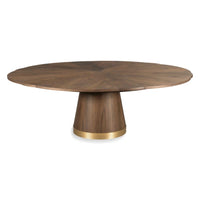 jupe dining table round brass hardware walnut veneer expandable