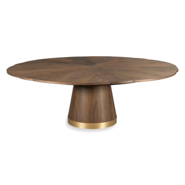 jupe dining table round brass hardware walnut veneer expandable