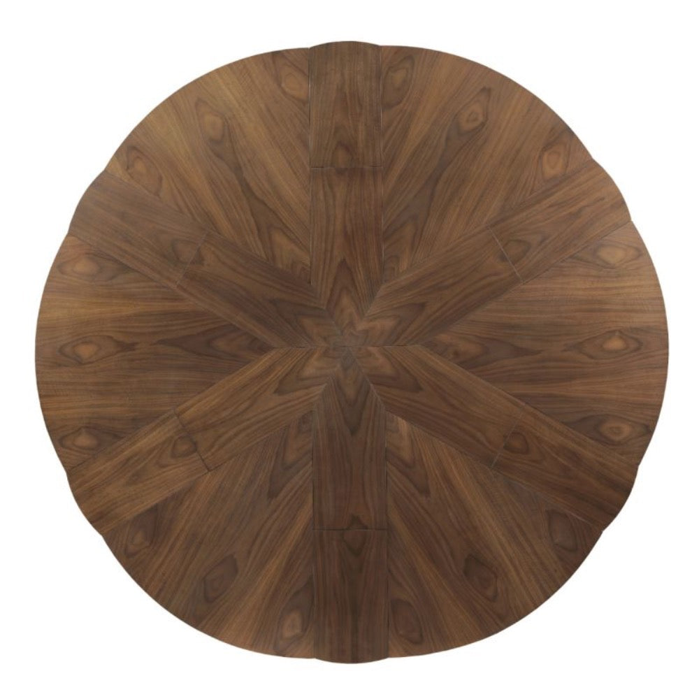 jupe dining table round brass hardware walnut veneer expandable
