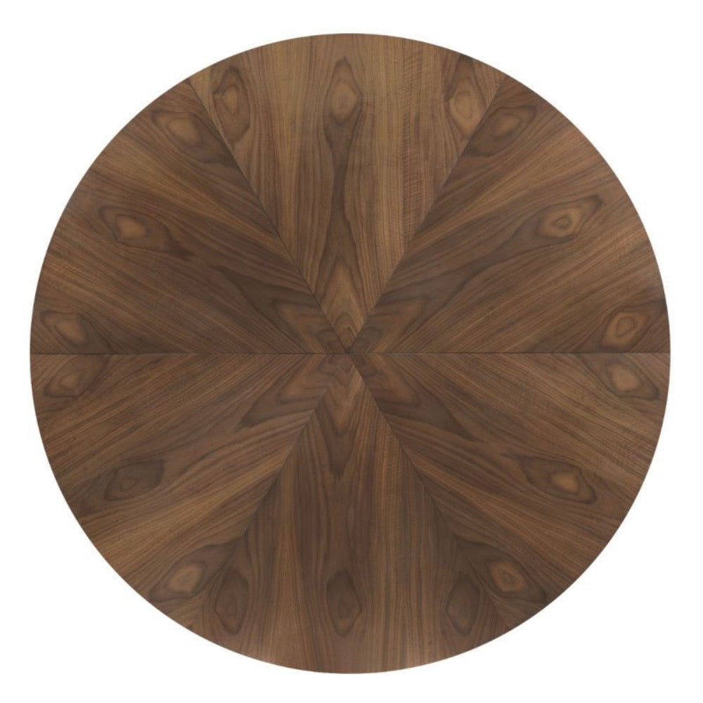 jupe dining table round brass hardware walnut veneer expandable