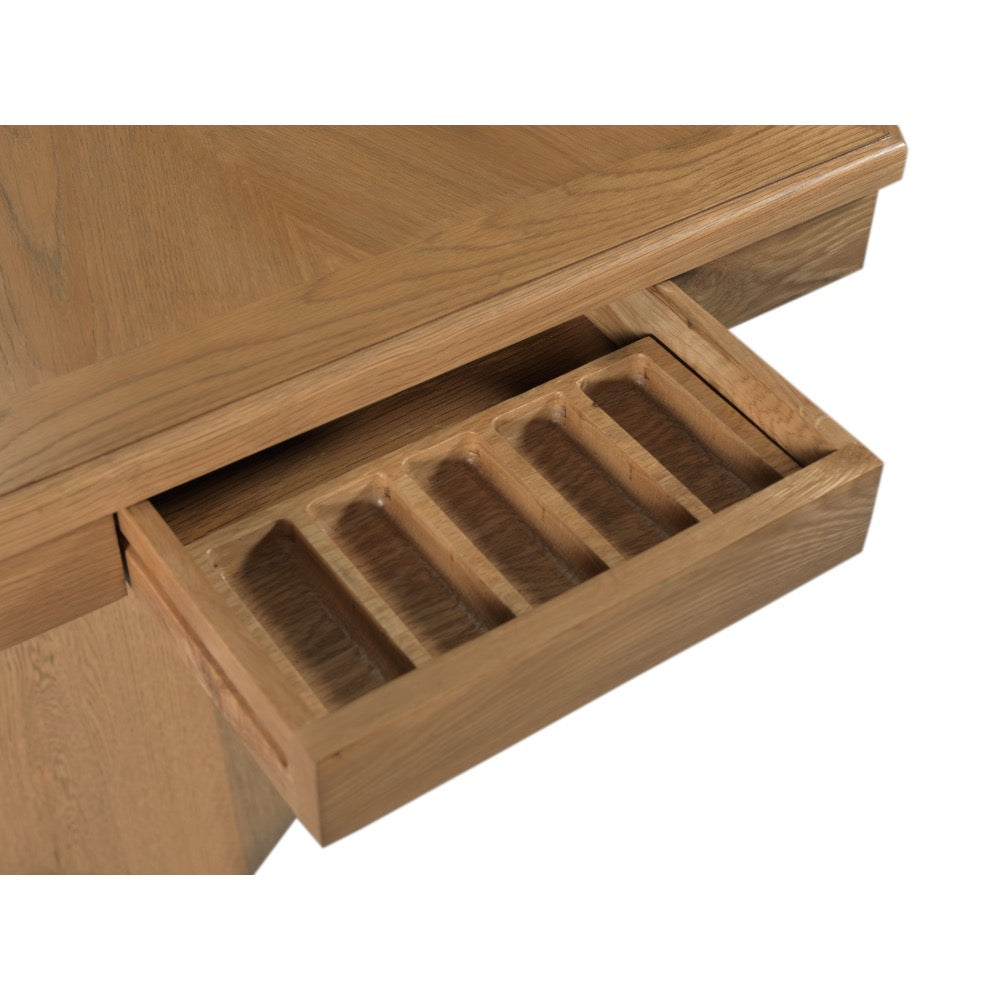 Close-up of a wooden drawer with one pull-out compartment opened, showing a matching wooden organizer tray inside, on a white background.