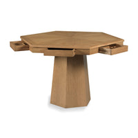 Hexagonal wooden table with a geometric pedestal base and three partially extended drawers on the tabletop, shown on a white background.