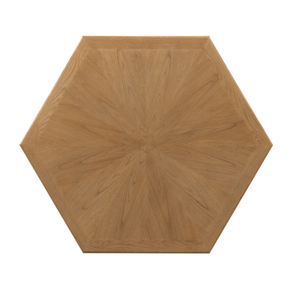 Hexagonal wooden tabletop with a warm medium-brown finish and a starburst grain pattern, shown from directly above on a white background.