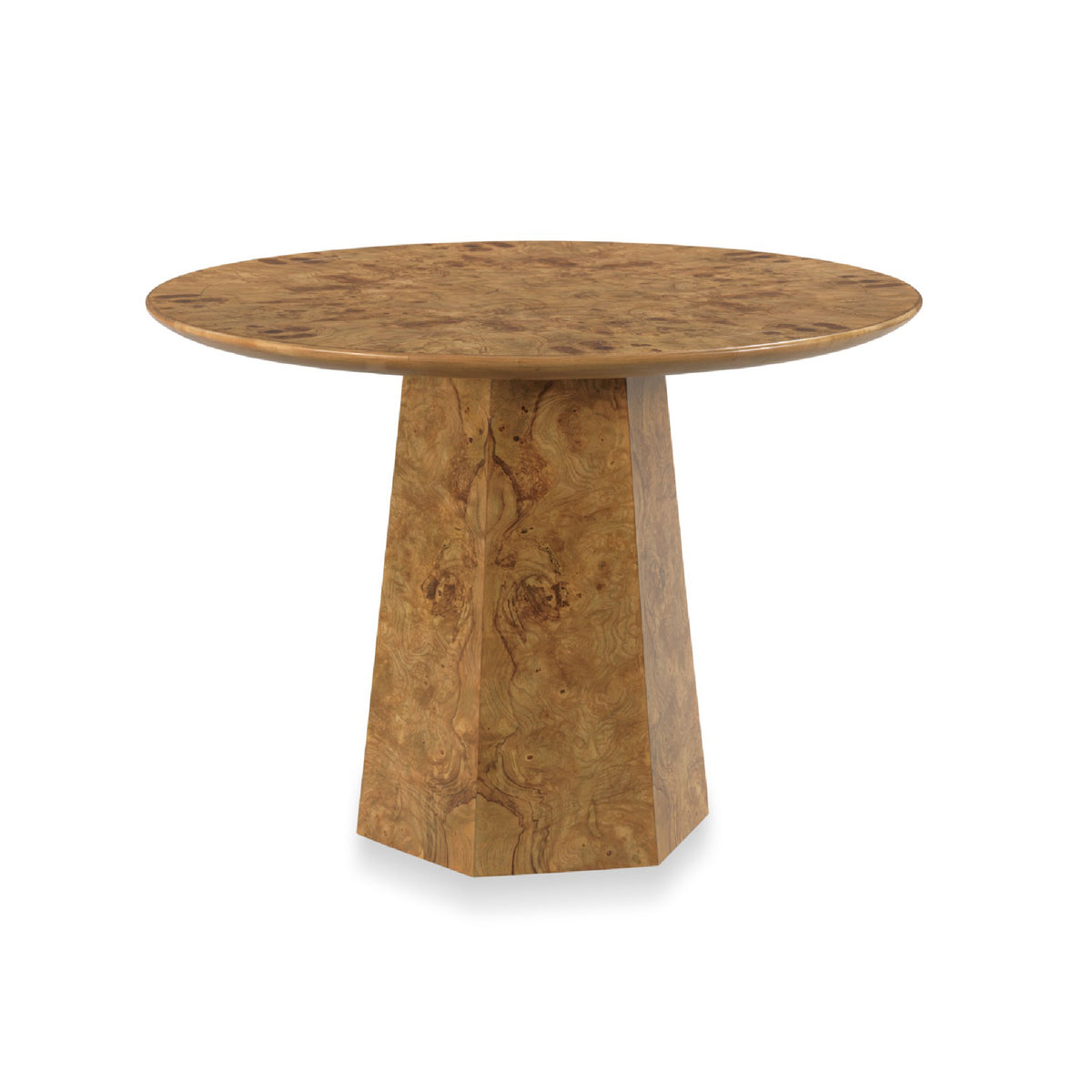 A round dining table with a hexagonal pedestal base, crafted from burl wood with a warm golden-brown grain pattern, shown on a plain white background.