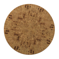 A round wooden dining table with dramatic burl wood grain and dark knots, shown from a top-down view on a white background.
