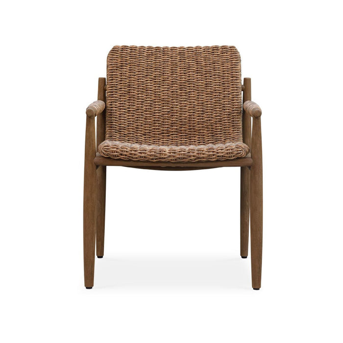 Woven chair with wooden frame on a white background