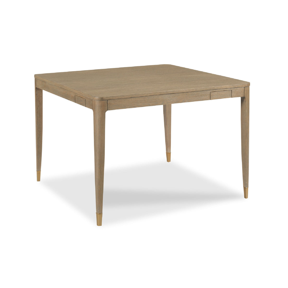 A square wooden table with a light oak finish and tapered legs, shown from a three-quarters angle on a white background.