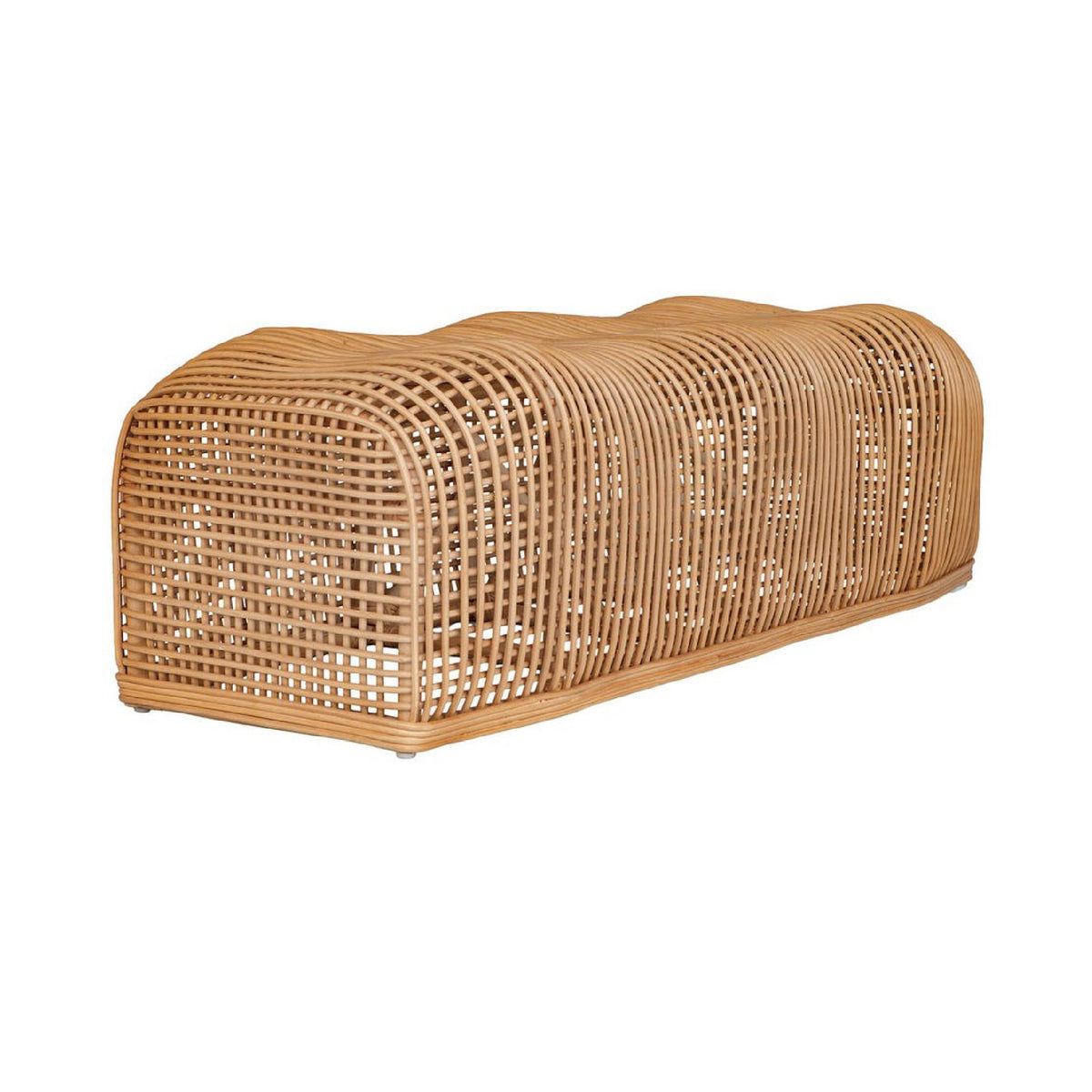 A natural woven rattan or wicker bench with a curved, elongated shape, shown on a plain white background.