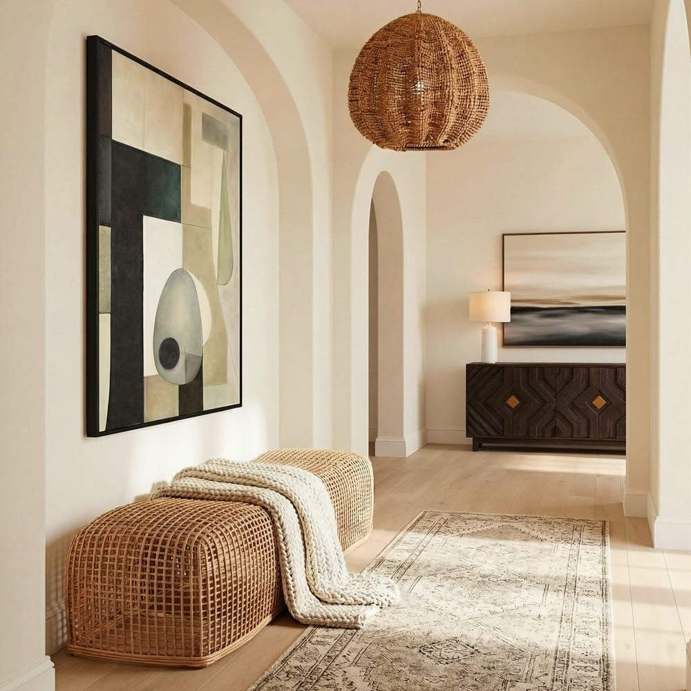 A styled interior hallway with cream walls, arched alcoves, a woven rattan pendant light, a matching woven bench with a cream knit throw, a patterned area rug, and framed abstract wall art.
