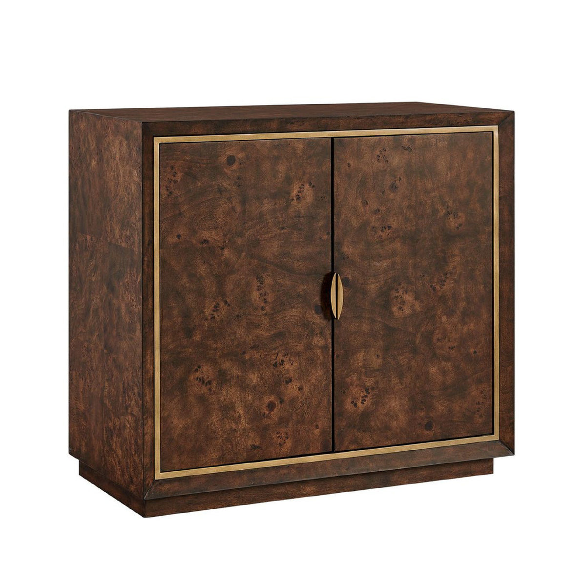 A two-door cabinet with a rich, dark brown burl wood grain finish and a thin brass trim border, featuring a single central brass pull handle.