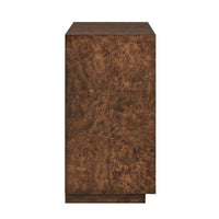 Side view of dark brown burl wood cabinet  on a white background