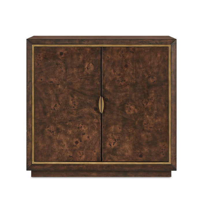 A two-door cabinet with a rich dark brown burl wood grain finish and a thin gold brass trim border, featuring a single central gold pull handle.