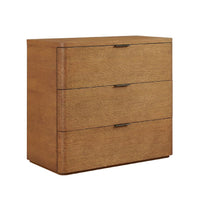 A three-drawer wooden chest of drawers with a warm medium-brown finish and slim dark metal handles, shown on a plain white background.