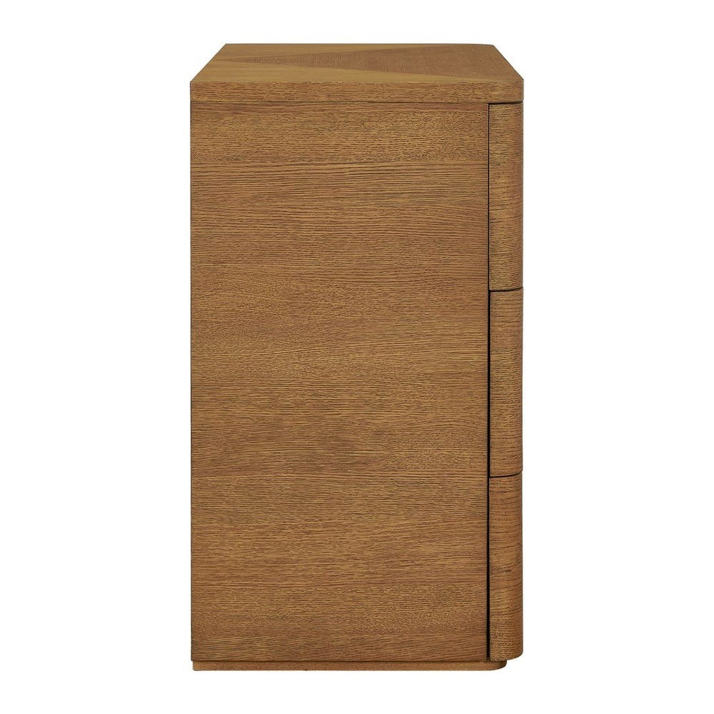 A modern two-drawer nightstand or side table made of medium brown wood grain, shown from a front-three-quarters angle on a solid white background.