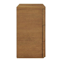 A modern two-drawer nightstand or side table made of medium brown wood grain, shown from a front-three-quarters angle on a solid white background.