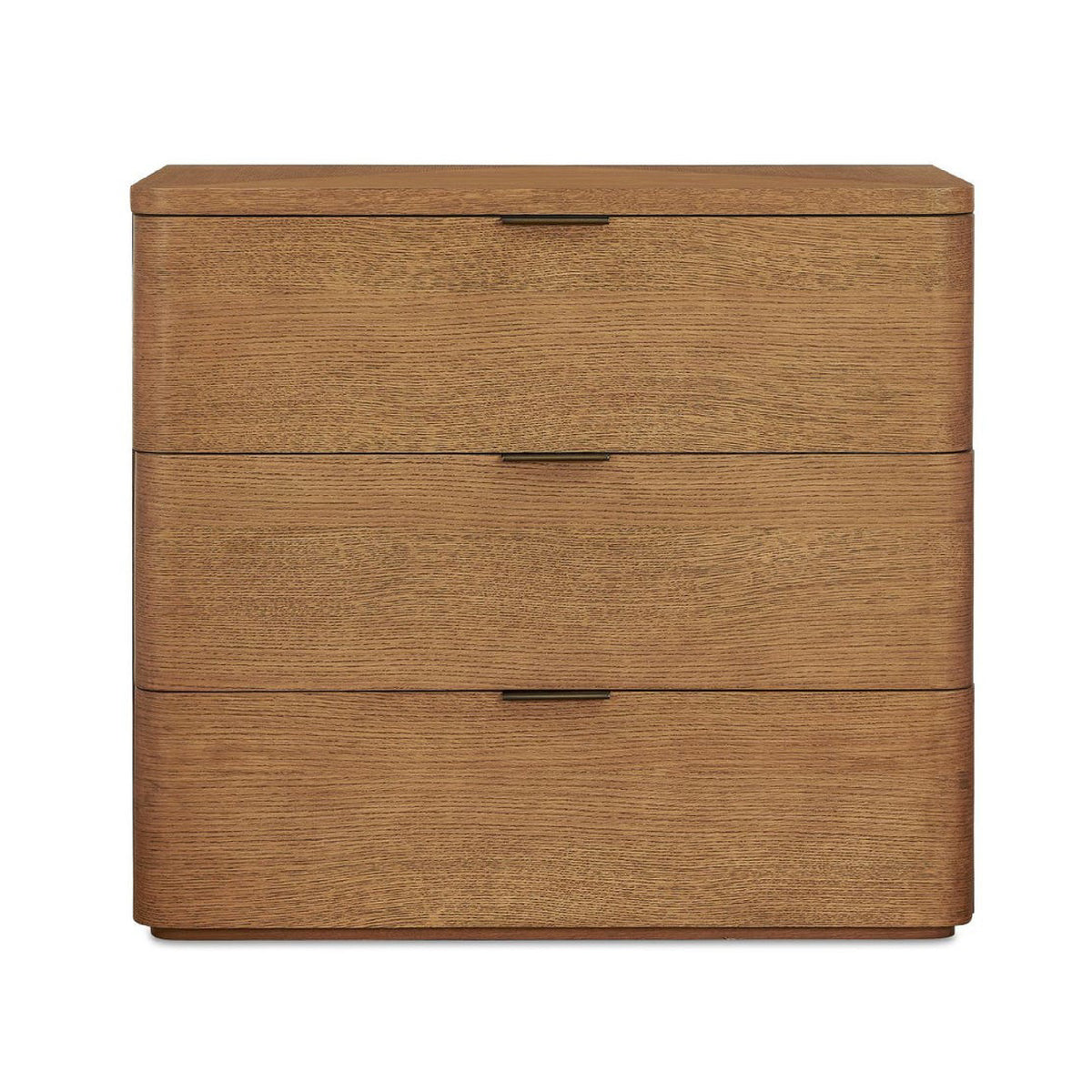 A three-drawer wooden nightstand or end table with a warm medium-brown wood grain finish and slim dark metal drawer pulls, shown against a plain white background.