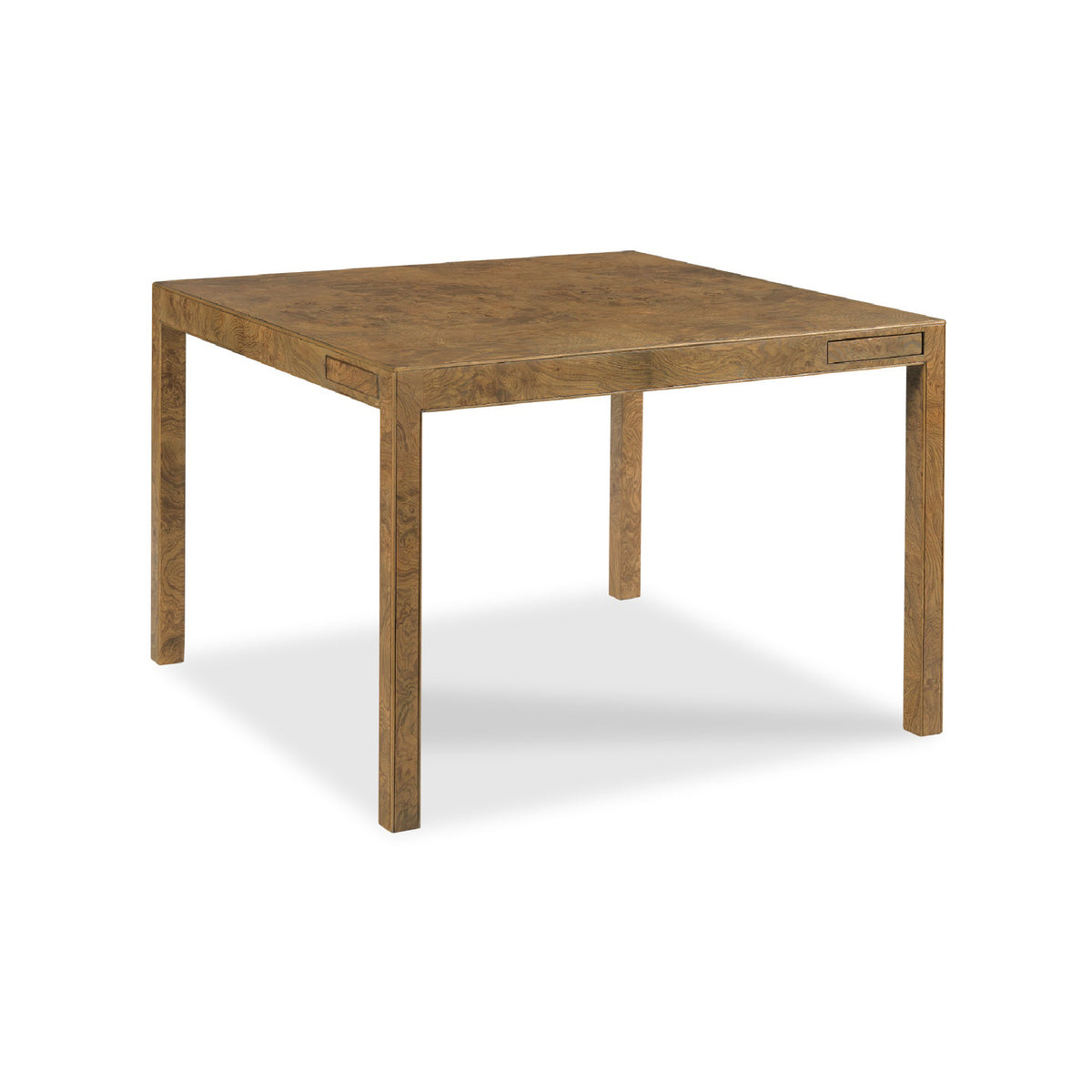 A square wooden table with a medium brown finish and four legs, shown from a three-quarter angle on a white background.