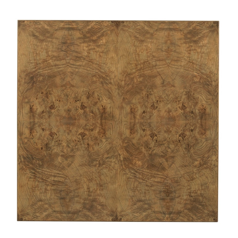 A square wood table with a highly figured burl pattern in warm brown and golden-brown tones, shown top view against a white background.