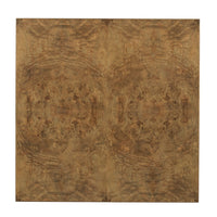 A square wood table with a highly figured burl pattern in warm brown and golden-brown tones, shown top view against a white background.