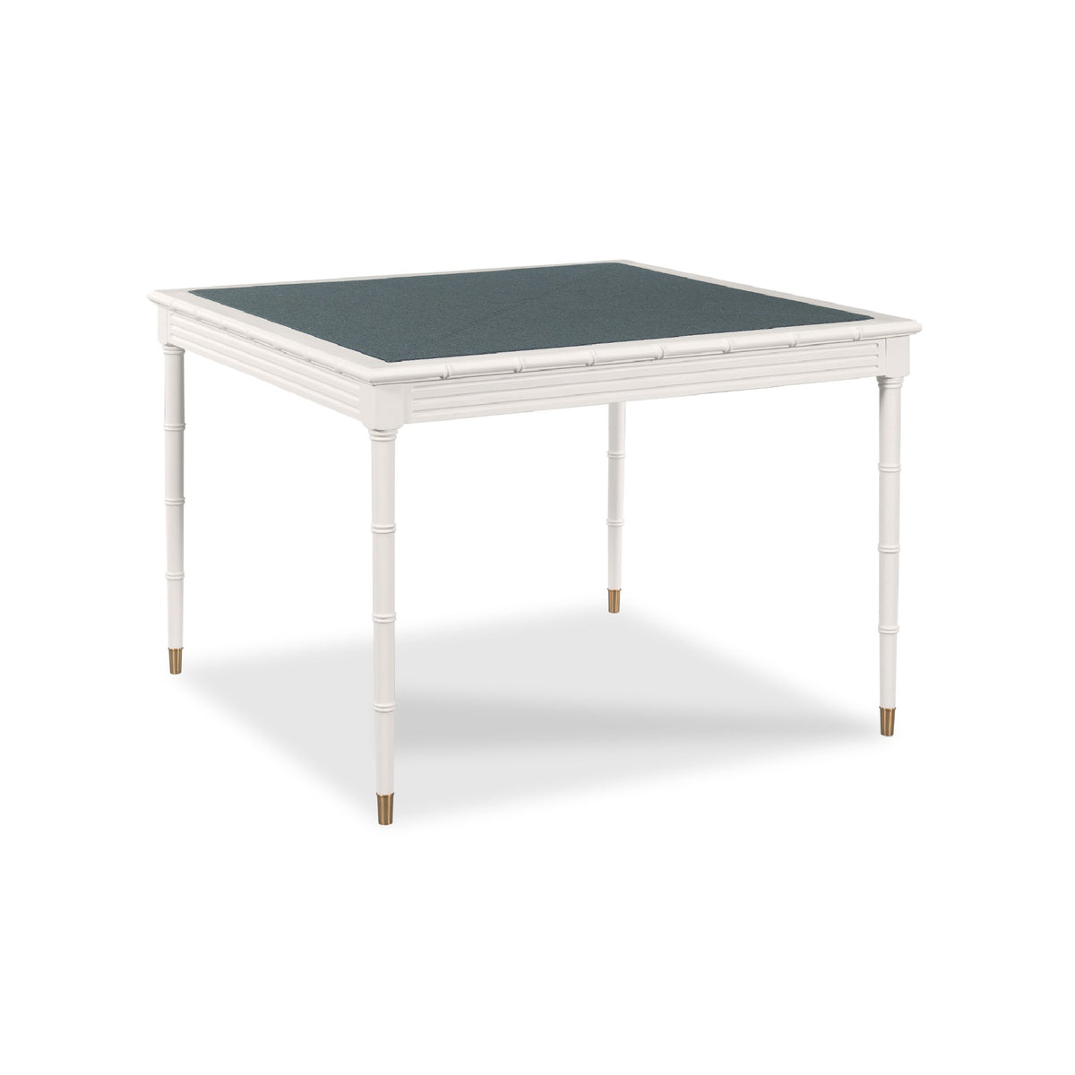 A square white table with a dark grey felt playing surface and slim tapered legs with gold-toned tips, shown on a white background.