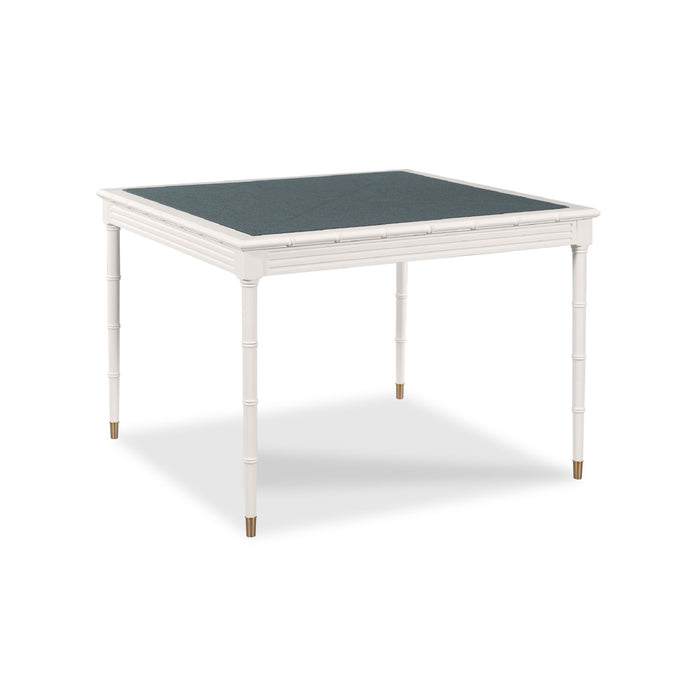 A square white table with a dark grey felt playing surface and slim tapered legs with gold-toned tips, shown on a white background.
